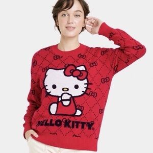 Sanrio Hello Kitty Bow Argyle Crewneck Red Sweater XL